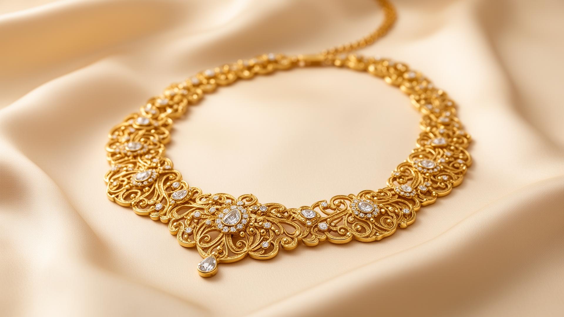 Ornate gold-tone imitation necklace with crystal accents on cream silk